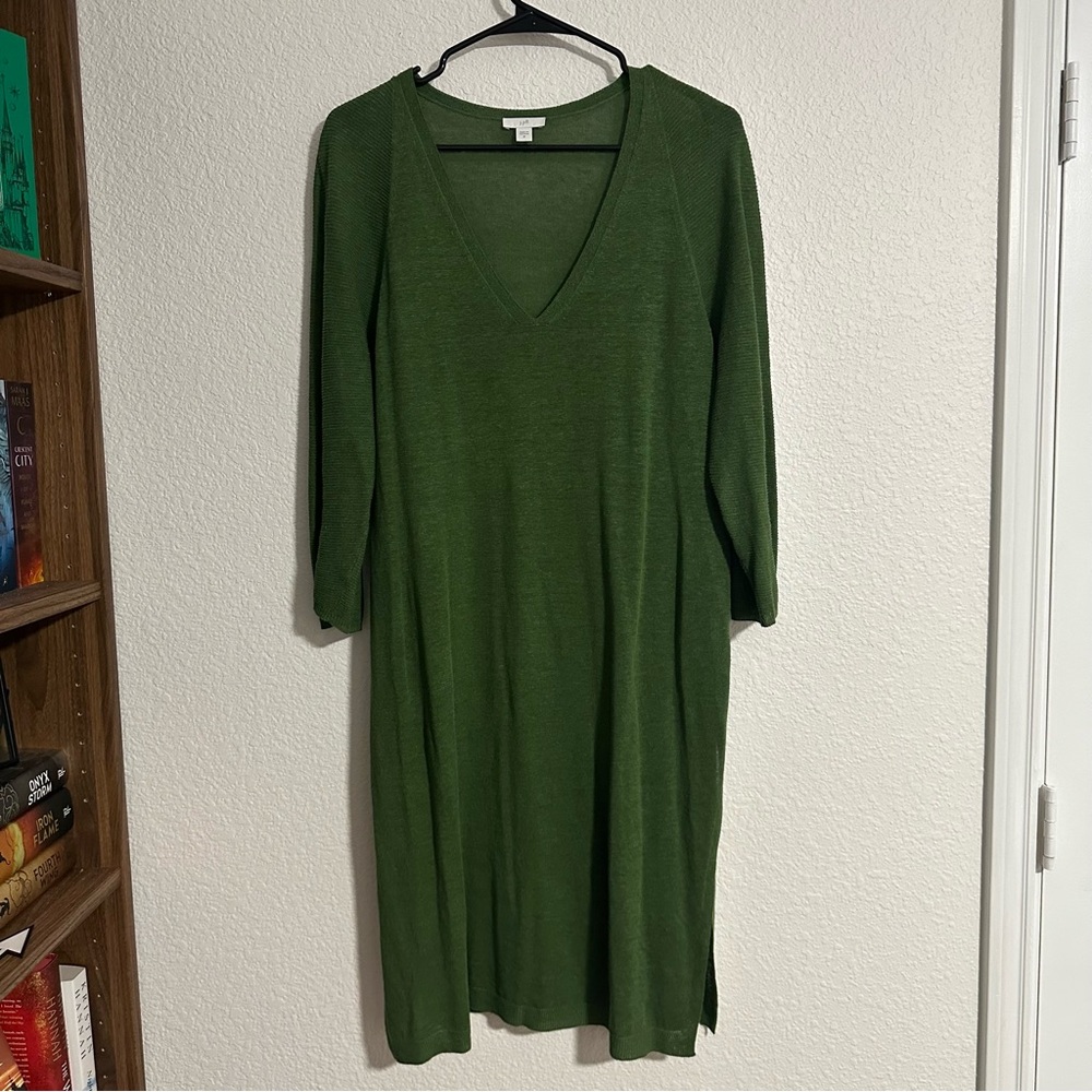 J Jill Tunic‎ Dress Womens M Small Palm Linen Blend Slit Hem 3/4 Sleeve Sweater